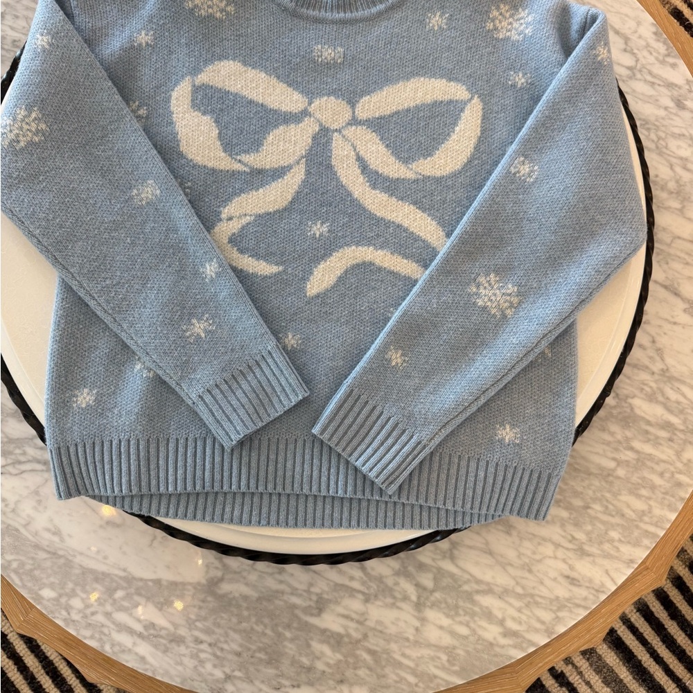 LoveShackFancy Light Blue Sweater with Cream Bow Design